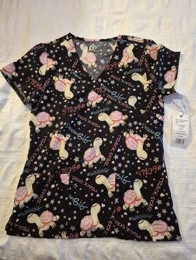 Green Town Performance women's size Small black scrub top turtle design NWT